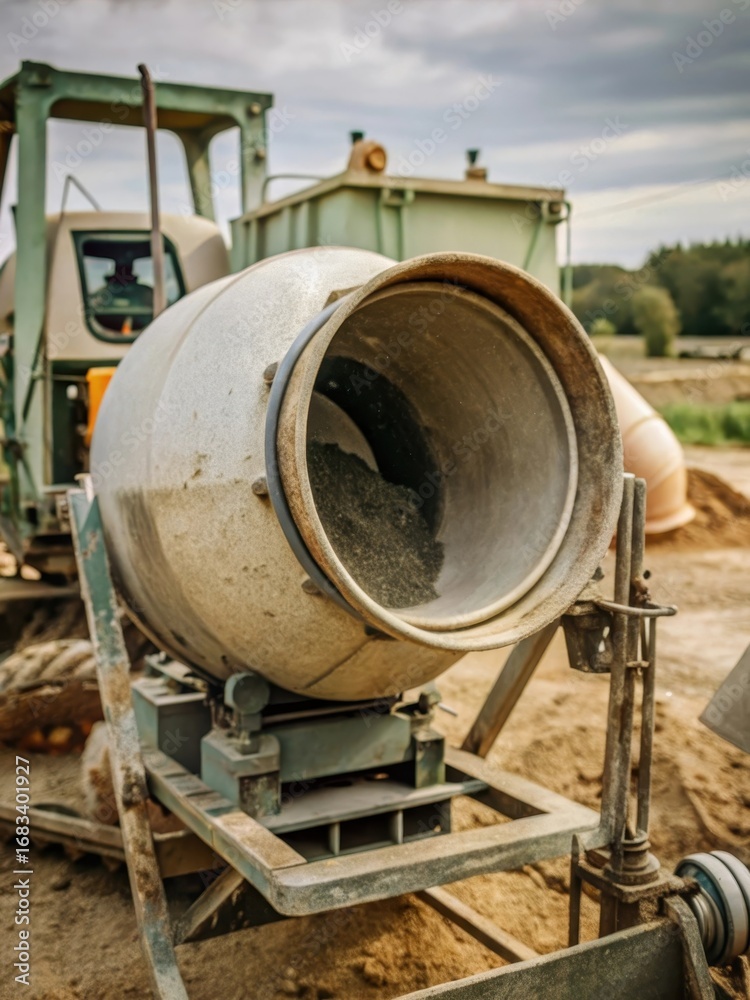Fototapeta premium Close-up of concrete mixer's moving parts and rotating drum during construction on a farm