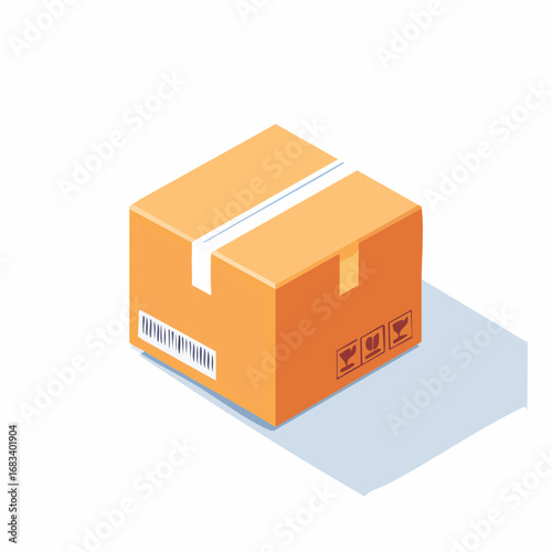 Isometric vector illustration of a sealed cardboard parcel with a barcode and fragile handling symbols