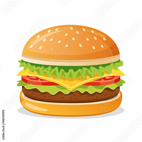 Delicious classic cheeseburger with fresh toppings like lettuce, tomato, and melted cheese. A cartoon vector illustration of an American fast food meal