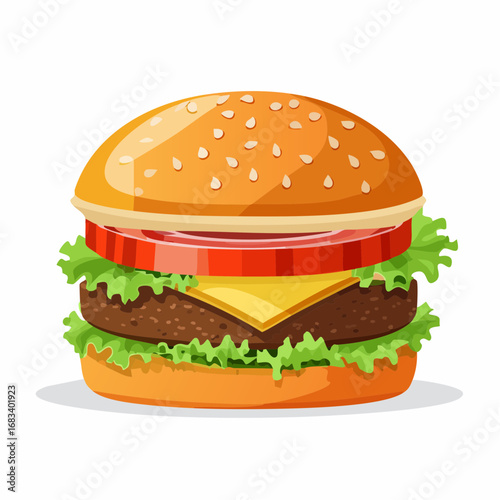 Colorful cartoon illustration of a classic cheeseburger with fresh lettuce, tomato, and a sesame seed bun on a white background