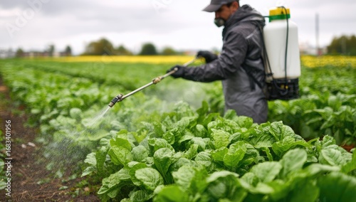 Agricultural worker spraying pesticides on a lush green vegetable field.