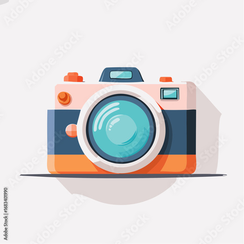 Stylized flat vector graphic of a vintage analog photo camera, isolated element for creative design and hobby concepts
