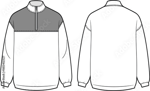 Casual men's sweatshirt with long sleeves, half zipper, contrast yoke, elastic cuffs, front and back view, vector fashion illustration, CAD drawing