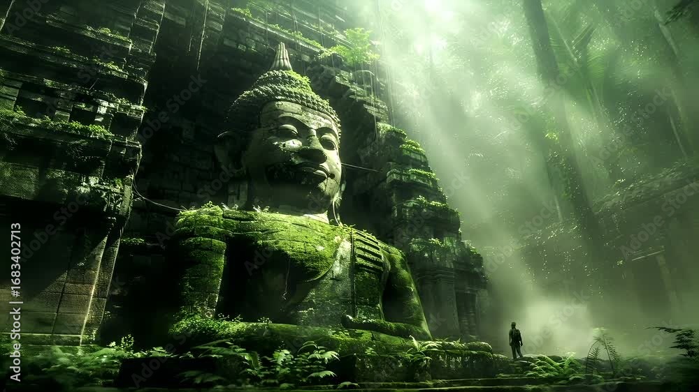 custom made wallpaper toronto digitalA vivid portrayal of a colossal Buddha statue in a lush, green environment. The statue is surrounded by a dense forest, with sunlight filtering through the canopy.