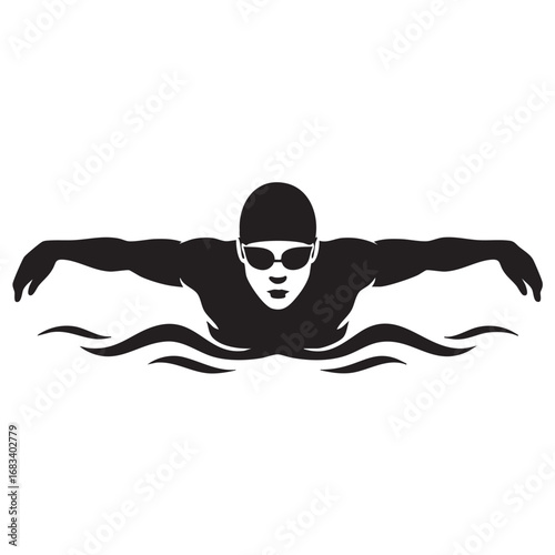 Silhouette of a male swimmer performing the butterfly stroke in water with ripples