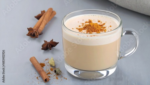 Aromatic Spiced Chai Latte in Clear Glass with Cinnamon and Star Anise