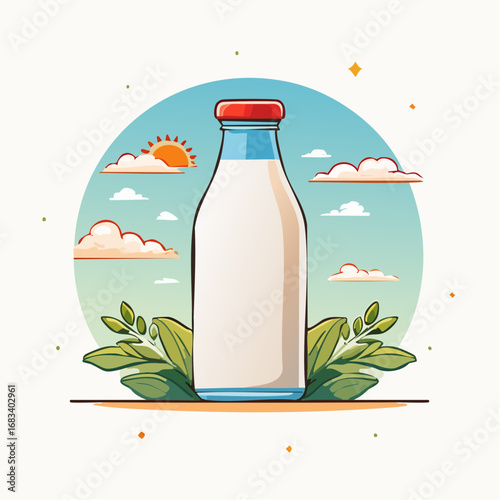 Colorful Illustration Of Milk Bottle In Nature Background