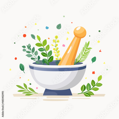 Colorful Herbal Mortar And Pestle Illustration