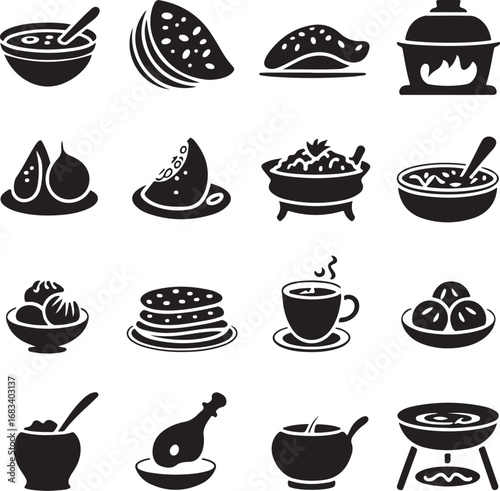 Sixteen black and white food and cooking icons on white background soup watermelon