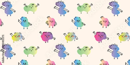 Seamless pattern with cartoon creatures in multicolor gradient. Abstract funny characters with gestures and smiles on light background. Vector flat illustration for children design, textile