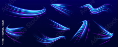 Transparent blue glowing wave lines flow smoothly across the image. The light effect creates a sense of motion and fluidity. Ideal for technology or digital design themes. PNG