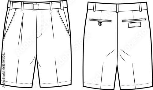 Men’s pleated chino shorts front and back, technical flat sketch with waistband and pockets, vector apparel illustration, cad drawing flat vector illustration