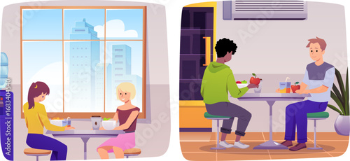 Cafe and restaurant interior vector flat illustrations set, cartoon children eating in the school cafeteria