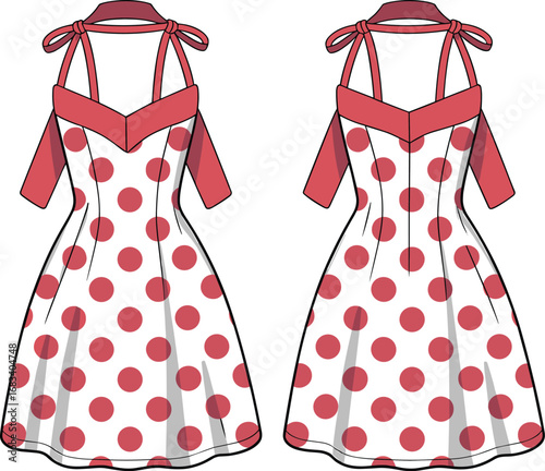 Retro polka dot dress technical sketch, front and back view, sweetheart neckline, tied straps, fashion CAD, garment flat vector illustration
