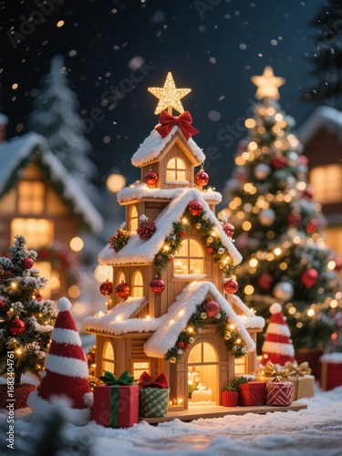 Charming Christmas Scene with a Tree-Shaped House and Festive Decorations