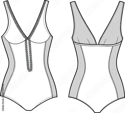 One-piece swimsuit, fashion sketch, technical drawing, deep V-neck, lace-up detail, garment design, vector art, flat illustration, contour seams, apparel CAD