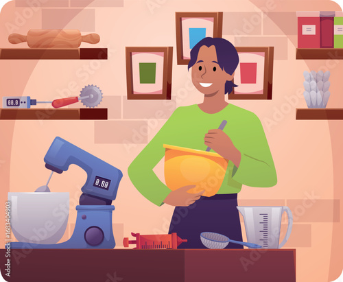 Woman confectioner cooking cake, kneads dough in bowl, vector flat pastry chef at work, kitchen equipment and appliance