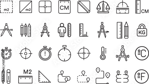 A Collection of Measuring Icons: Featuring Ruler, Balance Scale, and Square Meter Symbols