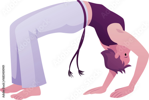 Young man doing capoeira stand bridge, performing acrobatic exercise, vector flat Brazilian Capoeira dance, fight sport
