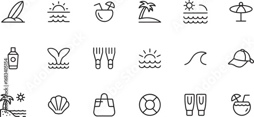 A Set of Summer and Beach Line Icons: Sun, surf, palm tree, coconut drink, Waves, Whales, sunscreen, lifebuoy, and seashell symbols