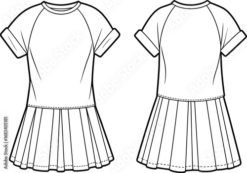 Short sleeve dress technical sketch, front and back view, raglan sleeves, pleated skirt, fashion CAD, garment flat vector illustration