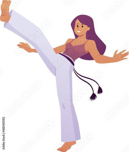 Young woman doing capoeira acrobatic exercise, Brazilian Capoeira dance and fight sport vector flat character isolated