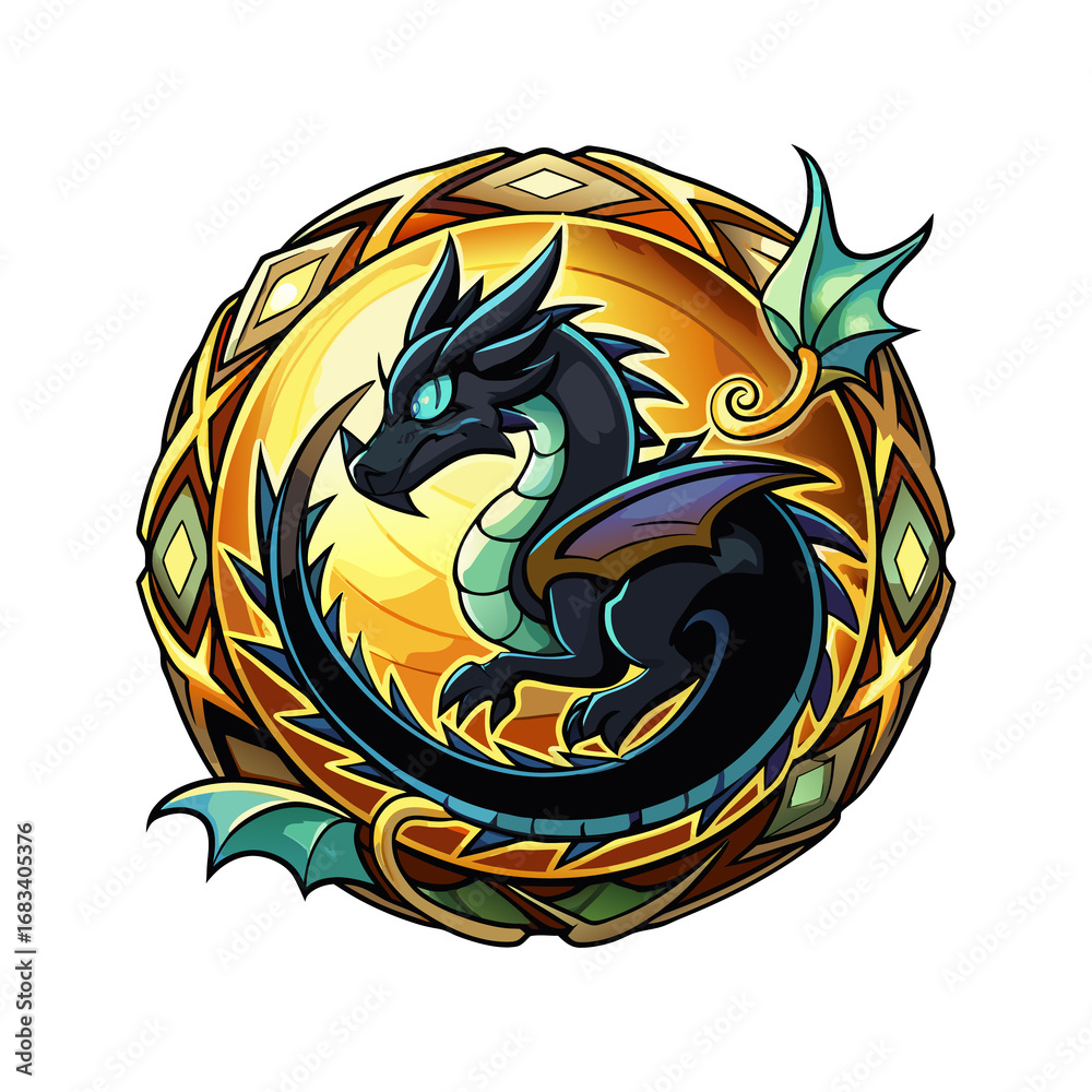 Obraz premium Black Dragon Emblem with Golden Frame mythical creature