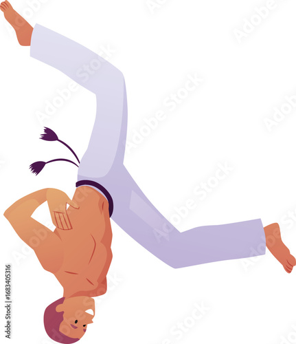 Young man doing capoeira upside down pose in air, performing exercise, vector Brazilian Capoeira dance and fight sport
