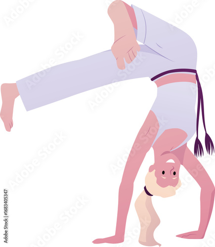 Young woman doing capoeira handstand performing acrobatic exercise, vector flat Brazilian Capoeira dance and fight sport