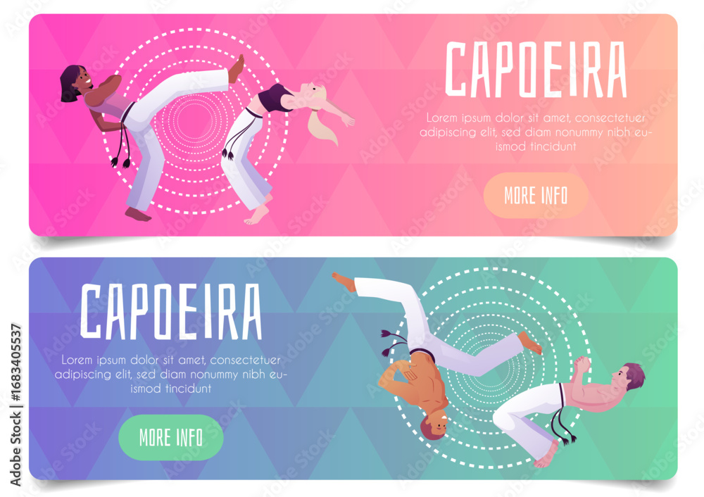 Obraz premium People doing capoeira movement exercise, Brazilian Capoeira dance and fight sport, advertising banner design vector set