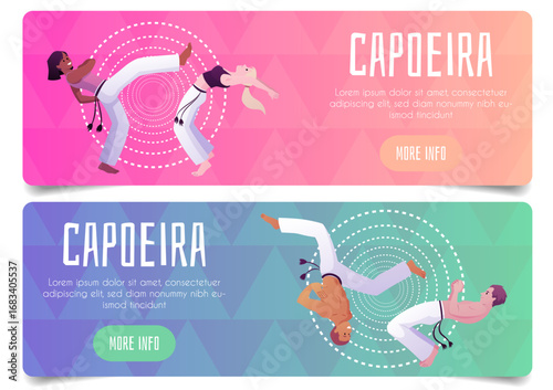 People doing capoeira movement exercise, Brazilian Capoeira dance and fight sport, advertising banner design vector set
