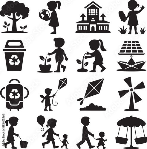 Children playing outdoors and eco-friendly icons with nature elements kids