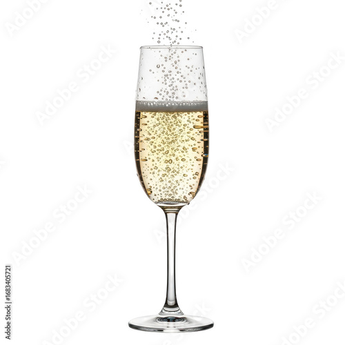 Elegant flute of champagne with bubbles and foam on a black background