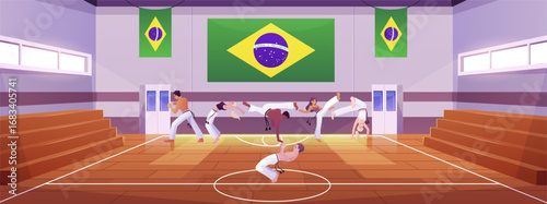 People doing capoeira movement exercise at gym court, vector flat Brazilian Capoeira dance and fight sport, Martial art