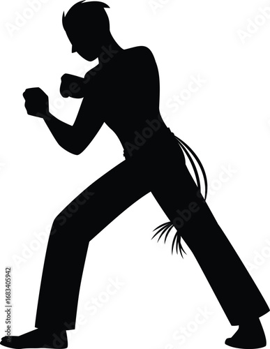 Man doing capoeira kick pose black silhouette, performing defensive exercise, vector Brazilian dance and fight sport