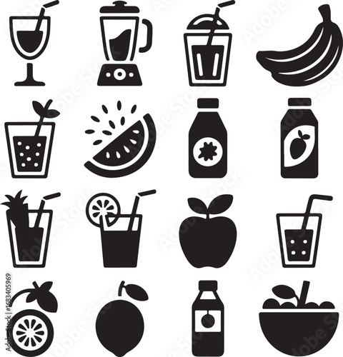 Assorted Black Icons of Fresh Juices Fruits and Blended Drinks Keywords: juice glass, blender