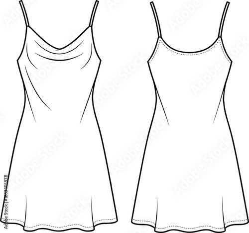 Spaghetti strap women's dress flat sketch, draped neckline, front and back view, fashion CAD, technical drawing, vector illustration