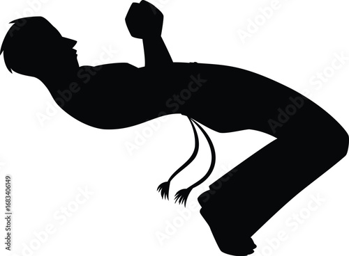 Young man doing capoeira stand back, performing acrobatic exercise, vector Brazilian Capoeira dance black silhouette