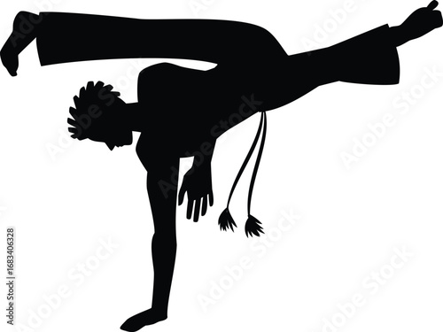 Young man doing capoeira handstand pose, performing acrobatic exercise, vector dance and fight sport black silhouette