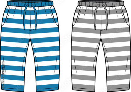 Striped pants, drawstring waist, fashion sketch, casual wear, horizontal stripes, garment design, vector art, flat illustration, apparel CAD, clothing style