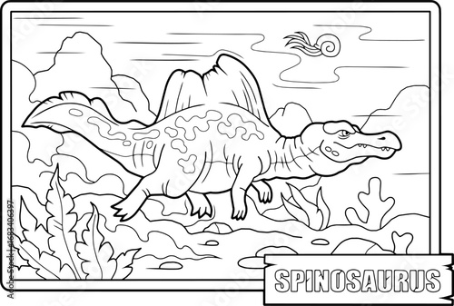 dinosaur spinosaurus, coloring book for children, outline illustration