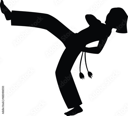 Young woman doing capoeira acrobatic exercise, Brazilian Capoeira dance and fight sport, vector leg kick black silhouette