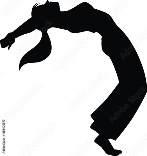 Woman doing Capoeira defensive pose, performing exercise vector black silhouette, Brazilian dance and fight sport