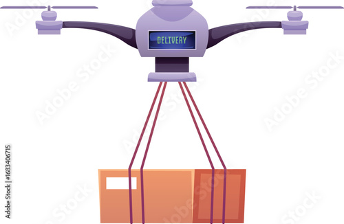 Robotic quadcopter delivers post package, cartoon drone robot carrying cargo, vector flat smart logistics transportation