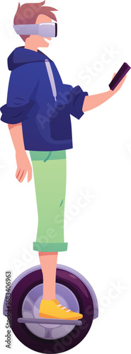 Young man with smartphone and virtual reality glasses ride gyroscooter segway, vector flat smart city character