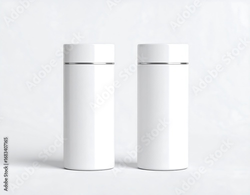 Two blank white cylindrical containers, silver accents