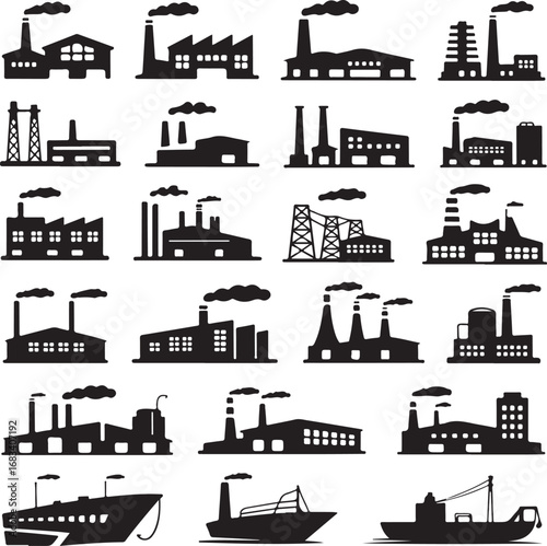 Set of black and white industrial factory and ship silhouette icons on white background industry