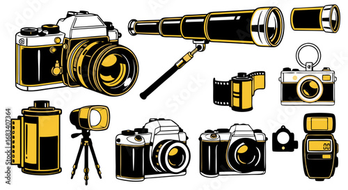 Vector SVG Illustration of Photography Equipment with Camera Lens and Accessories in Modern Flat Style with Black and Gold Colors