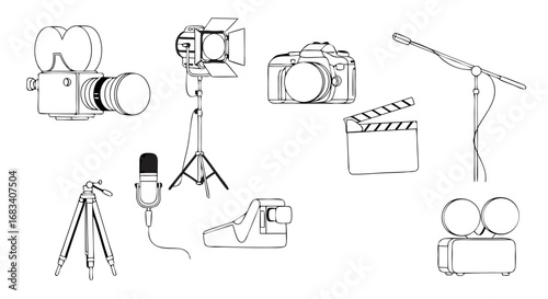Vector Minimalist Line Art SVG Illustration of Photography and Video Equipment in Modern Flat Style with Black and White Color Scheme