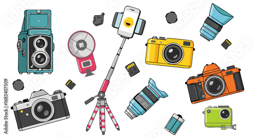 Vector SVG Illustration of Camera and Photography Equipment in Flat Modern Style with Bright Colors for Digital Media